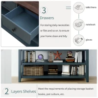 Mid-Century Retro Console Table with 2 Open Shelves, 3 Drawers, Pine Solid Wood Frame, MDF Tabletop, 50" L x 16" W x 30" H, Navy(m-5)