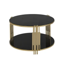 Modern Asymmetrical Coffee Table with Black Mirror Top, Circular Metal Drum Base and Lower Shelf, 31.5" L x 31.5" W x 20" H, Black(m-11)