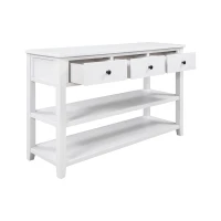 Mid-Century Retro Console Table with 2 Open Shelves, 3 Drawers, Pine Solid Wood Frame, Circular Handles, 50" L x 16" W x 30" H, White(m-2)