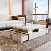 Modern Square Storage Coffee Table with 4 Drawers, MDF Construction, Ample Storage with Four Drawers, 33.5" L x 33.5" W x 16.5" H, White(m-11)