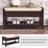 Shoe Rack with Cushioned Seat and Drawers, Pine Wood Construction, Multipurpose Entryway Storage Bench, 39" L x 14" W x 20" H, Dark Brown(m-4)
