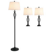 HOMCOM 3 Piece Table Floor Lamp Set with Metal Pole, Round Base, and Fabric Lampshade, for Living Room, Black/White