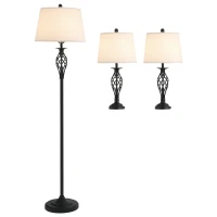 HOMCOM 3 Piece Table Floor Lamp Set with Metal Pole, Round Base, and Fabric Lampshade, for Living Room, Black/White(m-1)