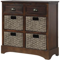 Rustic Storage Cabinet with Two Drawers and Four Rattan Baskets, Modern Farmhouse Style, Acacia Wood Frame, 28" L x 12" W x 28" H, Brown(m-7)