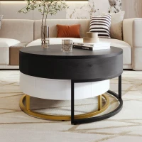Modern Round Lift-top Nesting Coffee Tables with 2 Drawers, Space-saving Design, Storage Solutions, 31.5" L x 31.5.5" W x 22.5" H, White+Black(m-10)