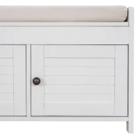 Rustic Storage Bench with Shutter-shaped Doors, Removable Cushion and Hidden Storage, 43.5" L x 16 " W x 18" H, White(m-14)