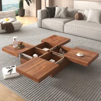 Square Marble Veneer Coffee Table with Sliding Top and Storage, Modern Sofa Table with MDF Construction, 39.5" L x 39.5" W x 10" H, Walnut(m-5)