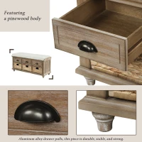 Rustic Storage Bench with 3 Drawers and Rattan Baskets, Acacia Wood Shoe Bench for Entryway, 42" L x 15.5" W x 19" H, White+Wood(m-4)