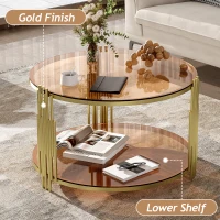 Modern Asymmetrical Coffee Table with Brown Glass Top, Circular Metal Drum Base, Lower Shelf, 31.5" L x 31.5" W x 20" H, Brown(m-5)