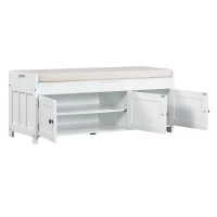 Rustic Storage Bench with Shutter-shaped Doors, Removable Cushion and Hidden Storage, 43.5" L x 16 " W x 18" H, White(m-8)