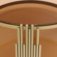 Modern Asymmetrical Coffee Table with Brown Glass Top, Circular Metal Drum Base, Lower Shelf, 31.5" L x 31.5" W x 20" H, Brown(m-7)