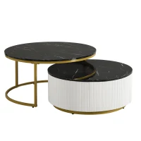 Modern Round Nesting Coffee Table Set with Storage Drawer, MDF Top and Metal Base, Fluted Design, 27.5" L x 27.5" W x 16" H, Black+Gold(m-2)