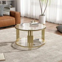 Modern Glass Coffee Table with Asymmetrical Metal Design, Circular Drum Base, Sofa Table with Lower Shelf, 31.5" L x 31.5" W x 20" H, Gold(m-10)