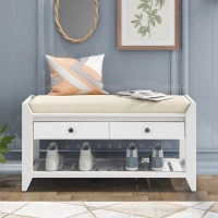Multipurpose Entryway Storage Bench with Pine Wood Construction, Shoe Rack with Cushioned Seat and Drawers, 39" L x 14" W x 20" H, White(m-1)