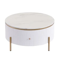 Modern Round Coffee Table with 2 Large Drawers, MDF Construction and Gold Legs, Sleek Modern Design, 31.5" L x 31.5" W x 17" H, White+Gold(m-2)