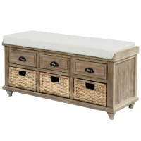Rustic Storage Bench with 3 Drawers and Rattan Baskets, Acacia Wood Shoe Bench for Entryway, 42" L x 15.5" W x 19" H, White+Wood(m-8)