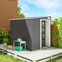 Outsunny 5'x7' Lean to Galvanized Metal Shed with Foundation, Garden Tool Storage House with Sliding Door and 2 Vents, Dark Grey(m-1)