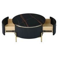 Modern Round Coffee Table with 2 Large Drawers, MDF Construction, Mrable Sofa Table with Golden Legs, 31.5" L x 31.5" W x 17" H, Black+Gold(m-13)