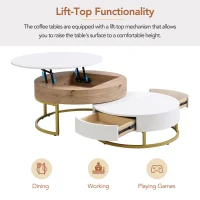 Modern Round Lift-top Nesting Coffee Tables with Hydraulic Lifting System, Space-saving Design, 31.5" L x 31.5" W x 16" H, Natural+White(m-5)