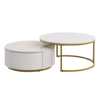 Modern Round Nesting Coffee Table Set with Fluted Design, Storage Drawer, MDF Top and Metal Base, 27.5" L x 27.5" W x 16" H, White+Gold(m-2)