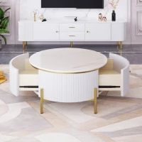 Modern Round Coffee Table with 2 Large Drawers, MDF Construction and Gold Legs, Sleek Modern Design, 31.5" L x 31.5" W x 17" H, White+Gold(m-6)