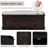 Storage Bench with Multi-Purpose Storage and Adjustable Shelves, Removable Cushion for Entryway, 43" L x 16" W x 17.5" H, Dark Brown(m-7)
