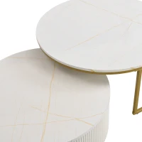 Modern Round Nesting Coffee Table Set with Fluted Design, Storage Drawer, MDF Top and Metal Base, 27.5" L x 27.5" W x 16" H, White+Gold(m-9)