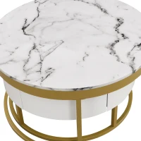 Modern Round Nesting Coffee Table with Drawers, MDF and Metal Pedestal Base, Durable Construction, 31.5" L x 31.5" W x 17" H, Gold+White(m-9)