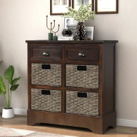 Rustic Storage Cabinet with Two Drawers and Four Rattan Baskets, Modern Farmhouse Style, Acacia Wood Frame, 28" L x 12" W x 28" H, Brown(m-1)