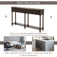 Console Table with Two Storage Drawers and Bottom Shelf, Easy Assembly, Solid Wood Frame, 58" L x 11" W x 34" H, Dark Brown(m-4)