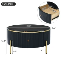 Modern Round Coffee Table with 2 Large Drawers, MDF Construction, Mrable Sofa Table with Golden Legs, 31.5" L x 31.5" W x 17" H, Black+Gold(m-3)