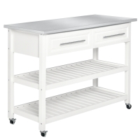 HOMCOM Kitchen Island with Stainless Steel Top, Traditional Kitchen Island with Storage, Butcher Block Cart 2-Tier Open Shelves, Drawers, White