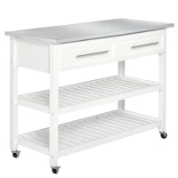 HOMCOM Kitchen Island with Stainless Steel Top, Traditional Kitchen Island with Storage, Butcher Block Cart 2-Tier Open Shelves, Drawers, White(m-1)