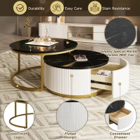 Modern Round Nesting Coffee Table Set with Storage Drawer, MDF Top and Metal Base, Fluted Design, 27.5" L x 27.5" W x 16" H, Black+Gold(m-5)