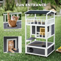 PawHut Wooden Outdoor Cat House, Feral Cat Shelter Kitten Condo with Asphalt Roof, Escape Doors, Condo, Jumping Platform, Gray(m-5)