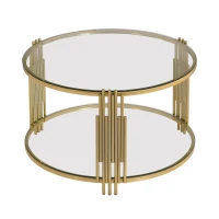 Modern Glass Coffee Table with Asymmetrical Metal Design, Circular Drum Base, Sofa Table with Lower Shelf, 31.5" L x 31.5" W x 20" H, Gold(m-11)