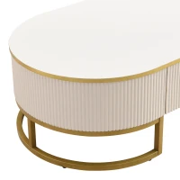 Modern High-Gloss Oval Coffee Table with Storage Drawers, Gold Lacquered Metal Base, Curved Design, 47" L x 23.5" W x 14.5" H, White+Gold(m-8)