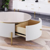 Modern Round Coffee Table with 2 Large Drawers, MDF Construction and Gold Legs, Sleek Modern Design, 31.5" L x 31.5" W x 17" H, White+Gold(m-7)
