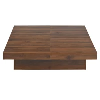 Square Marble Veneer Coffee Table with Sliding Top and Storage, Modern Sofa Table with MDF Construction, 39.5" L x 39.5" W x 10" H, Walnut(m-2)