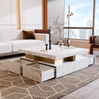 Modern Square Storage Coffee Table with 4 Drawers, MDF Construction, Ample Storage with Four Drawers, 43.5" L x 43.5" W x 16.5" H, White(m-12)