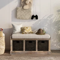 Rustic Storage Bench with 3 Rattan Baskets, No Assembly Required, Entryway Bench with Removable Cushion, 44" L x 16" W x 17" H, Natural(m-1)