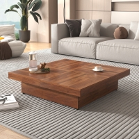 Square Marble Veneer Coffee Table with Sliding Top and Storage, Modern Sofa Table with MDF Construction, 39.5" L x 39.5" W x 10" H, Walnut