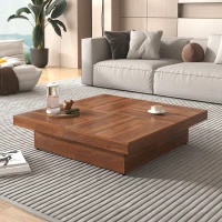 Square Marble Veneer Coffee Table with Sliding Top and Storage, Modern Sofa Table with MDF Construction, 39.5" L x 39.5" W x 10" H, Walnut(m-1)