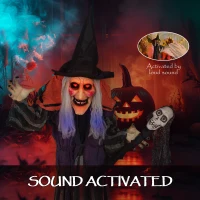 Outsunny Animatronics Standing Witch, Voice-Activated Prop with Skull Staff & Flashing Eyes, Easy Setup Indoor, Orange(m-5)
