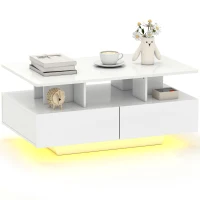 HOMCOM Coffee Table with RGB LED Lights, Modern Living Room Table with 4 Drawers, Open Shelf, Remote Control, High Gloss White(m-11)
