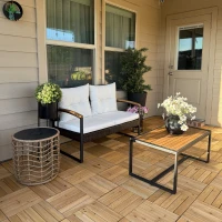 Outsunny 4 Piece Rattan Patio Furniture Set with Loveseat Sofa, Chair, Wood Coffee Table, Cushions for Outdoor, Backyard, White(m-12)