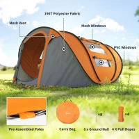 Outsunny 4 Person Camping Tent, Easy Pop Up Tent with Doors, Windows and Carry Bag, Automatic Setup Tent for Hiking, Orange(m-7)