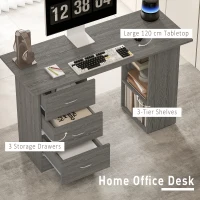 HOMCOM Computer Desk, 47" Writing Table with 3-Tier Shelves and 3 Reversible Drawers for Home Office, Bedroom, Grey(m-4)