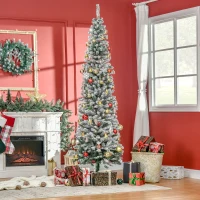 HOMOM 7.5ft Flocked Christmas Tree, Pencil Artificial Xmas Tree with Faux Snow, Dense Branches, Foldable Metal Base for Indoor Holiday Decor(m-8)