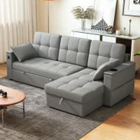 HOMCOM Convertible Sectional Sofa Bed, Pull Out Sleeper Sofa Couch with USB‑A+C, Chaise Storage, L-Shaped Futon Couch, Grey(m-1)